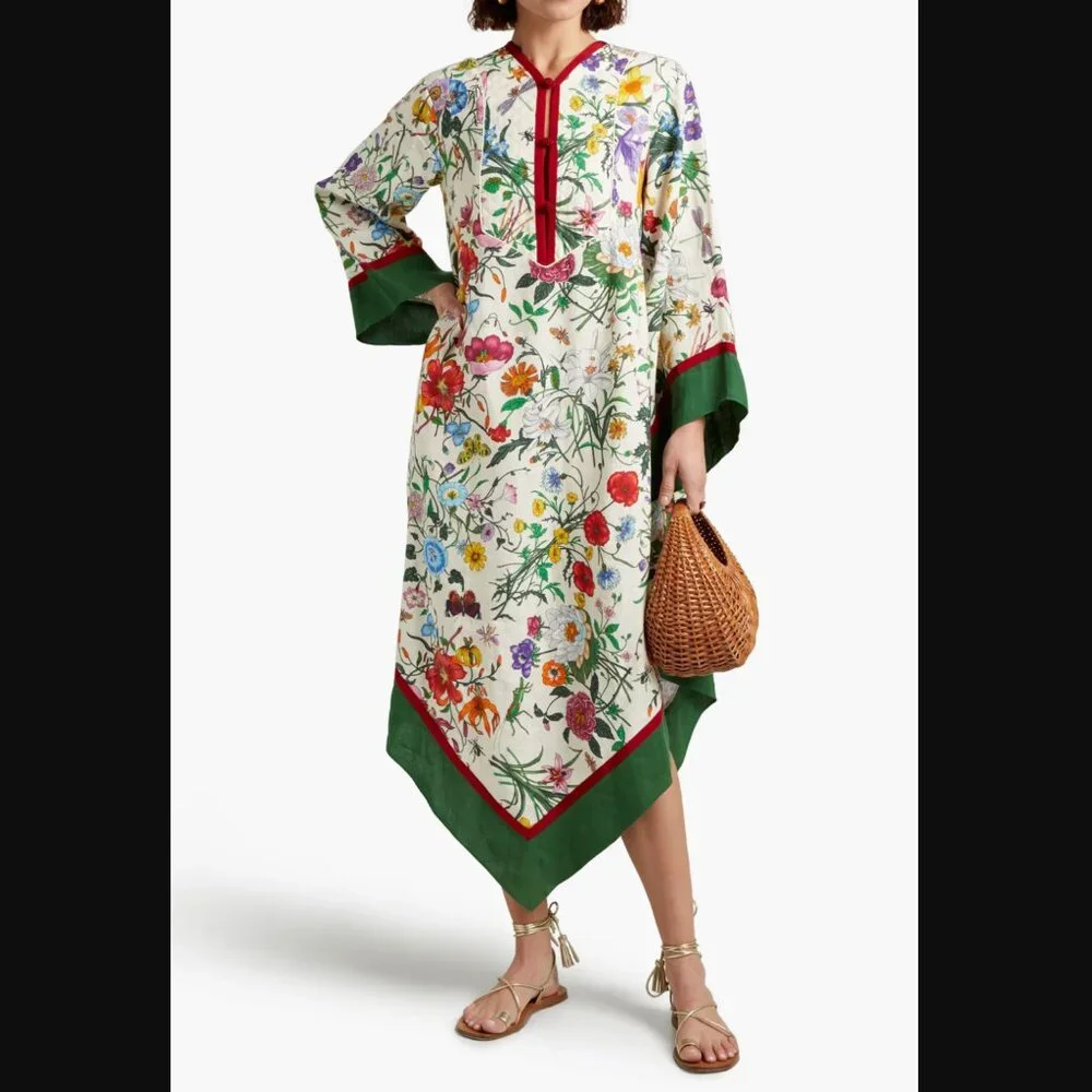 Authentic Gucci Ivory Grosgrain-trimmed paneled asymmetric floral Kaftan Dress